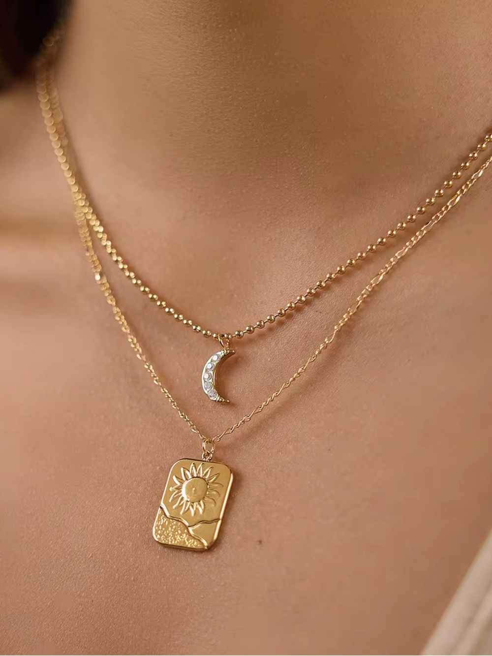 18K Gold Plated  Double Layer Sun & Moon Necklace